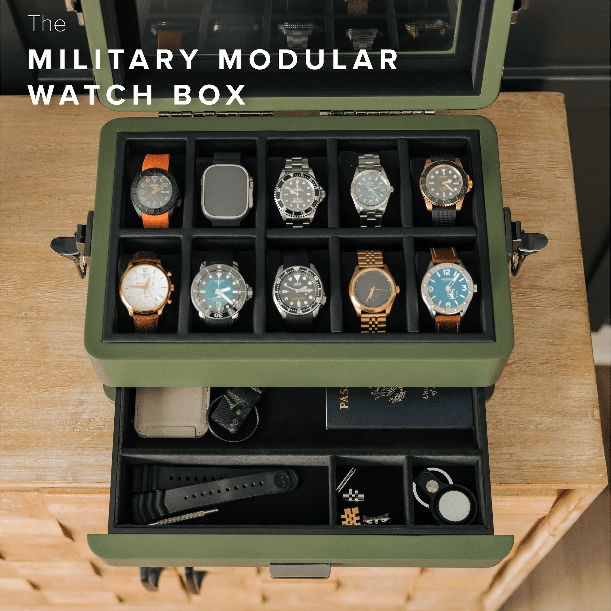 10-Slot Green Watch Box with Modular Storage & Accessory Drawer