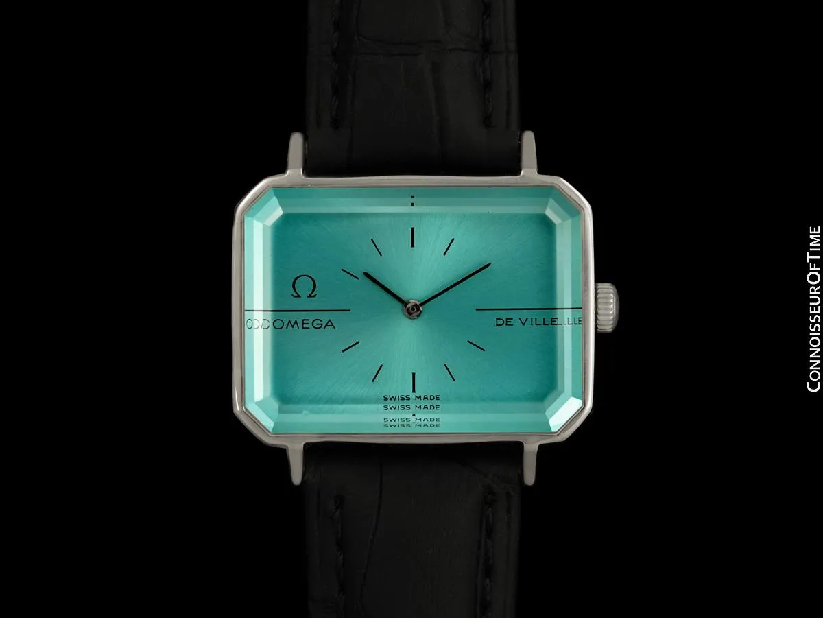1973 Omega De Ville Mens Midsize "Emerald" Modern Watch with Tiffany Blue Dial By Andrew Grima - Stainless Steel