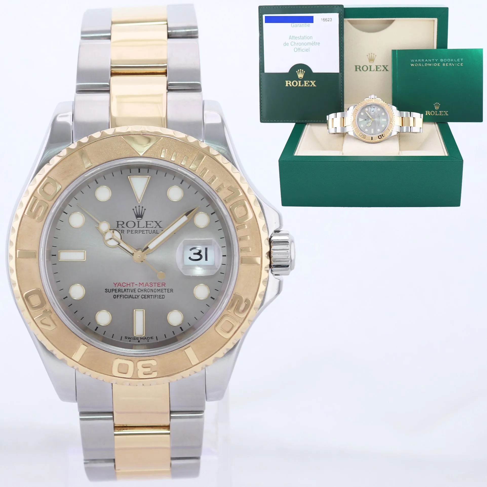 2007 PAPERS Rolex Yacht-Master 16623 Slate Two Tone Steel 18k Yellow Gold Watch Box