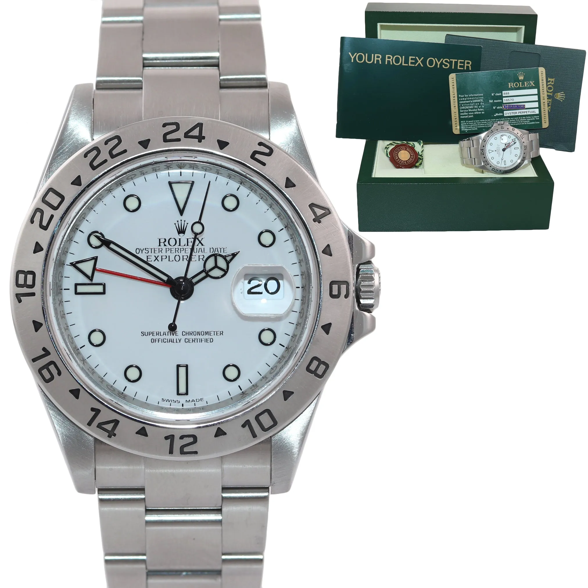 2008 PAPERS Rolex Explorer II 16570 Polar White Dial Steel 40mm 3186 Watch Box