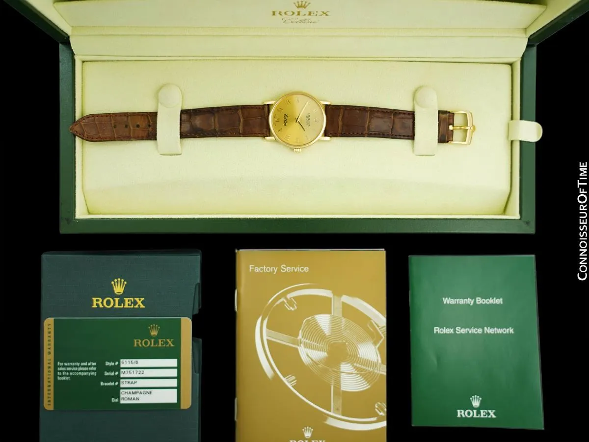 2008 Rolex Cellini Vintage Mens Handwound 18K Gold Watch, Ref. 5115 - Box & Papers