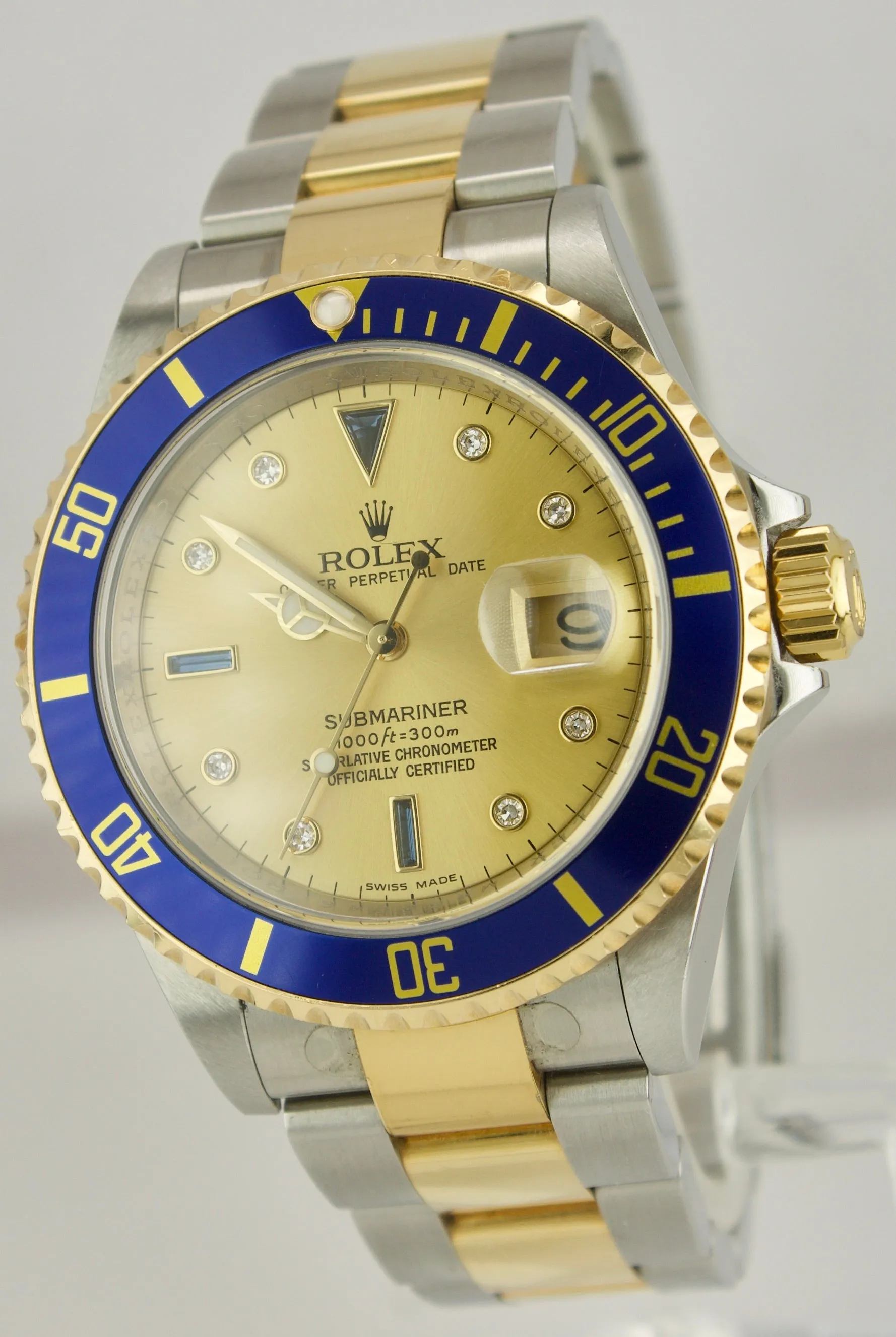 2008 Rolex Submariner Date REHAUT Champagne Sapphire Diamond Serti Watch 16613