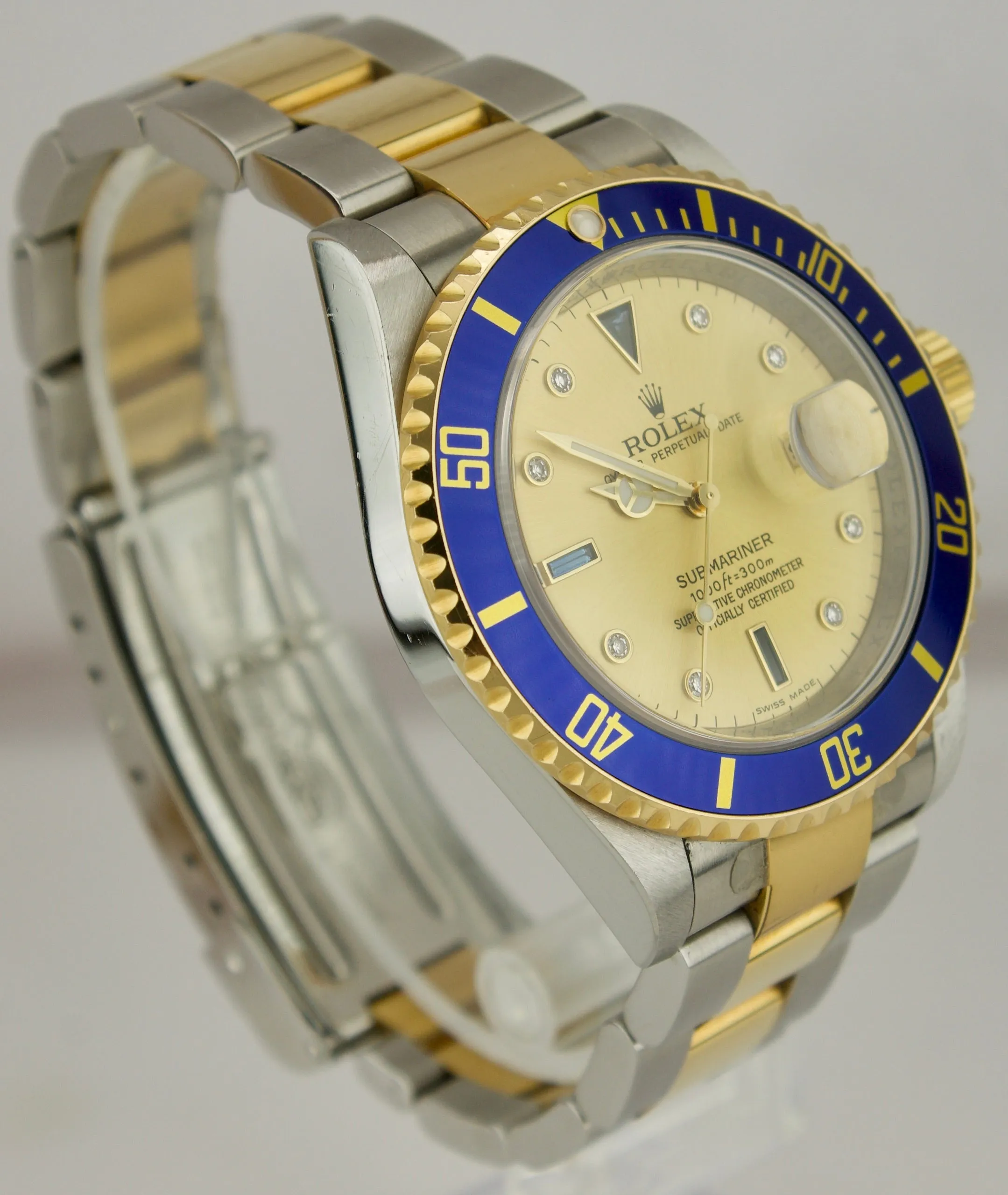 2008 Rolex Submariner Date REHAUT Champagne Sapphire Diamond Serti Watch 16613