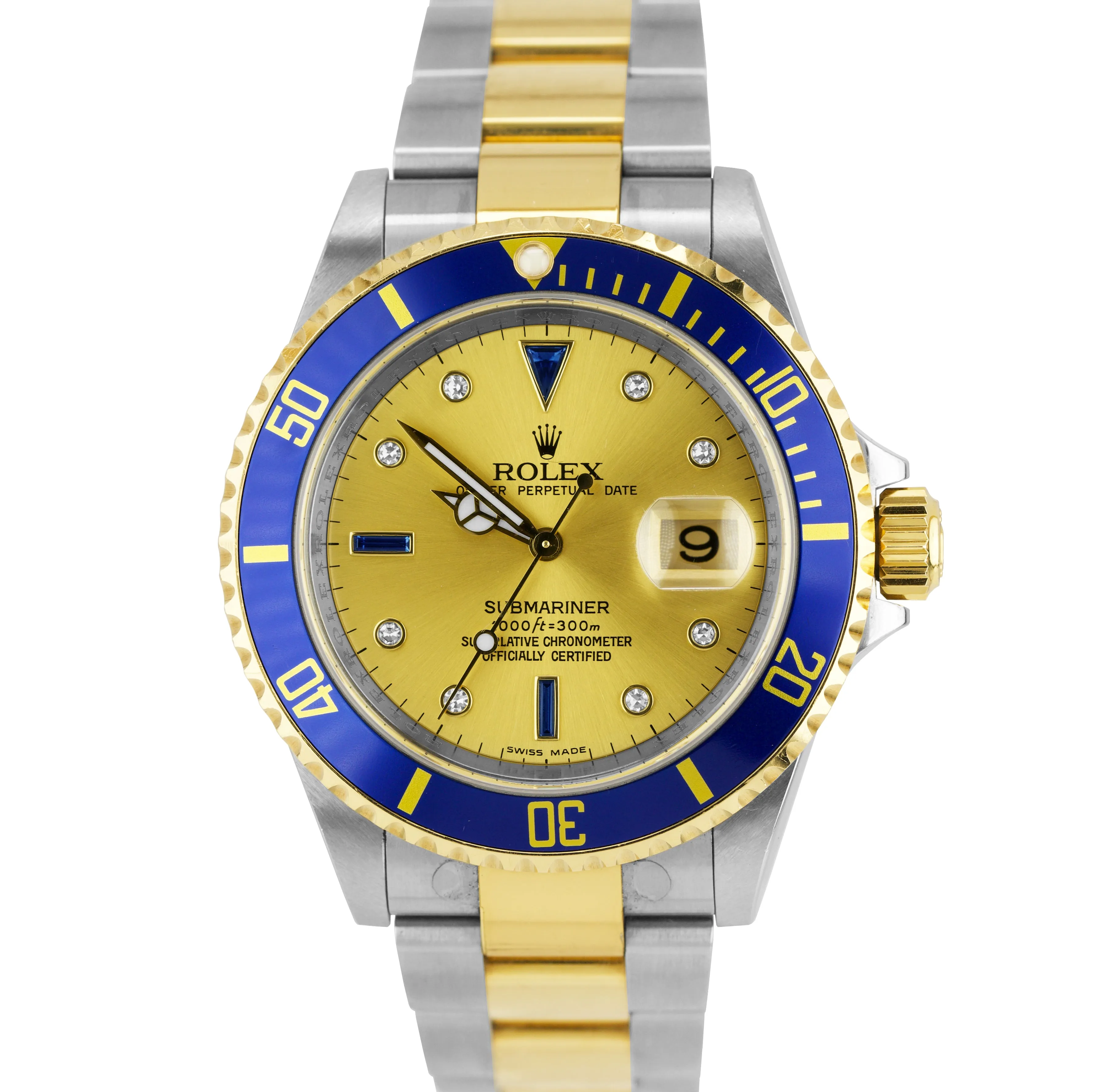 2008 Rolex Submariner Date REHAUT Champagne Sapphire Diamond Serti Watch 16613