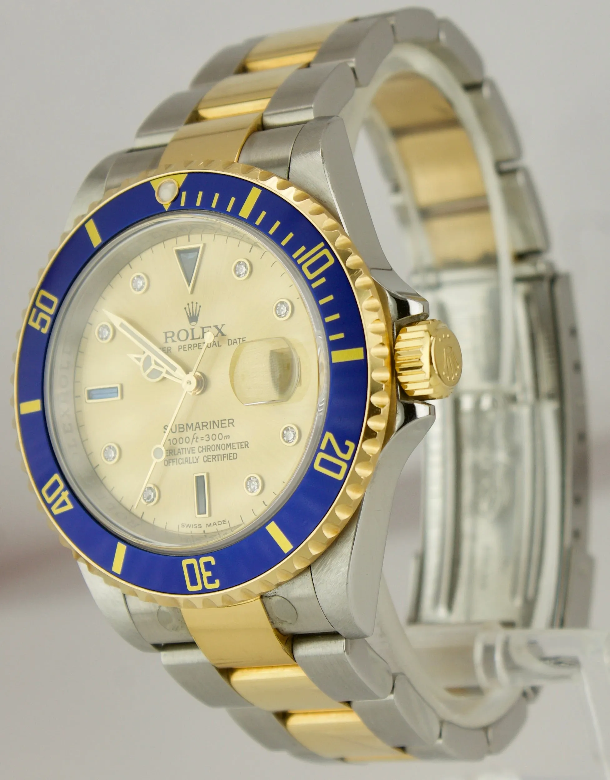 2008 Rolex Submariner Date REHAUT Champagne Sapphire Diamond Serti Watch 16613