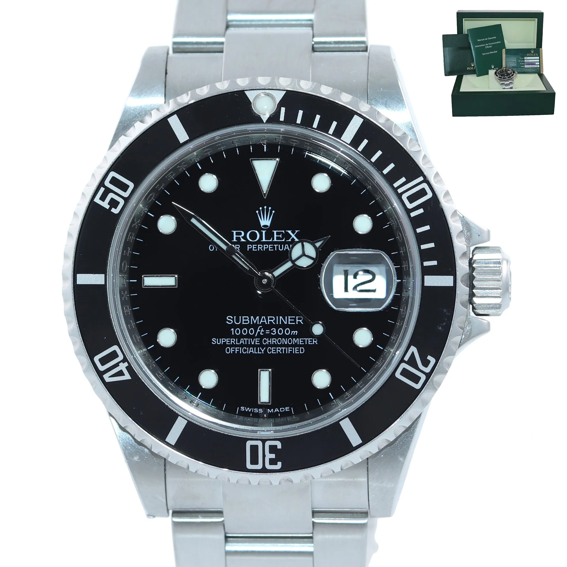 2009 UNPOLISHED PAPERS Rolex Submariner 16610 Steel Watch Engraved Rehaut Box