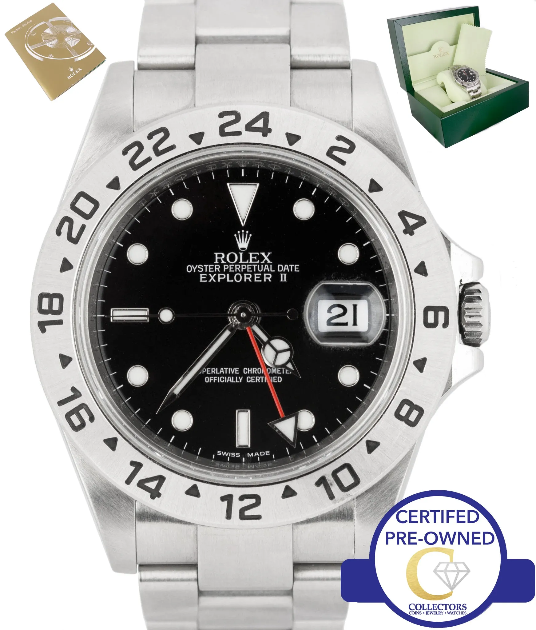 2010 ENGRAVED Rolex Explorer II 16570 Stainless Steel Black Date GMT 40mm Watch