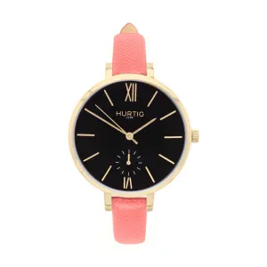 Amalfi Petite Vegan Leather Watch Gold, Black & Coral