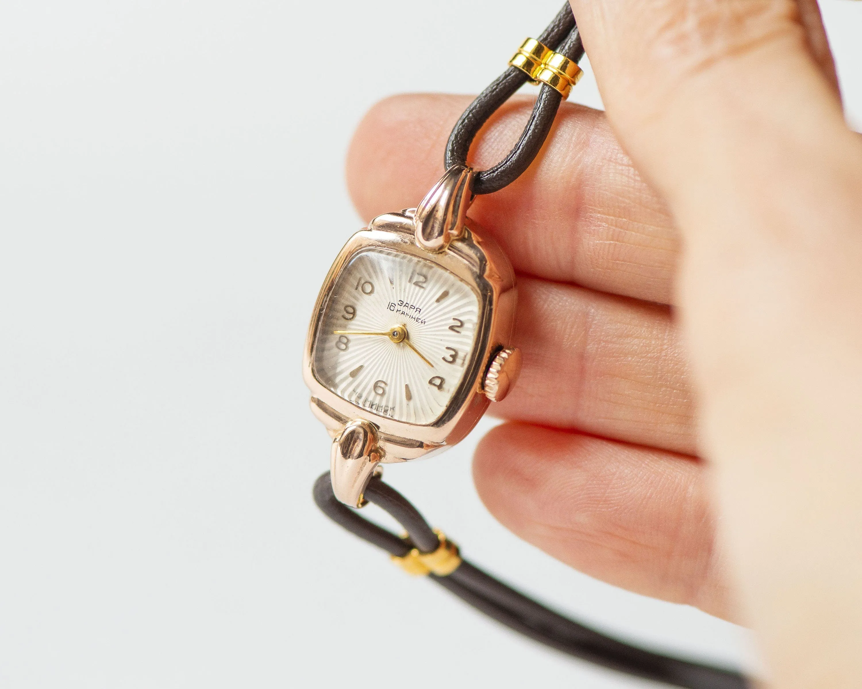 Art deco style women watch solid gold 14K, lady watch Dawn sunburst cocktail jewelry, deliacte square watch gift timepiece new leather strap
