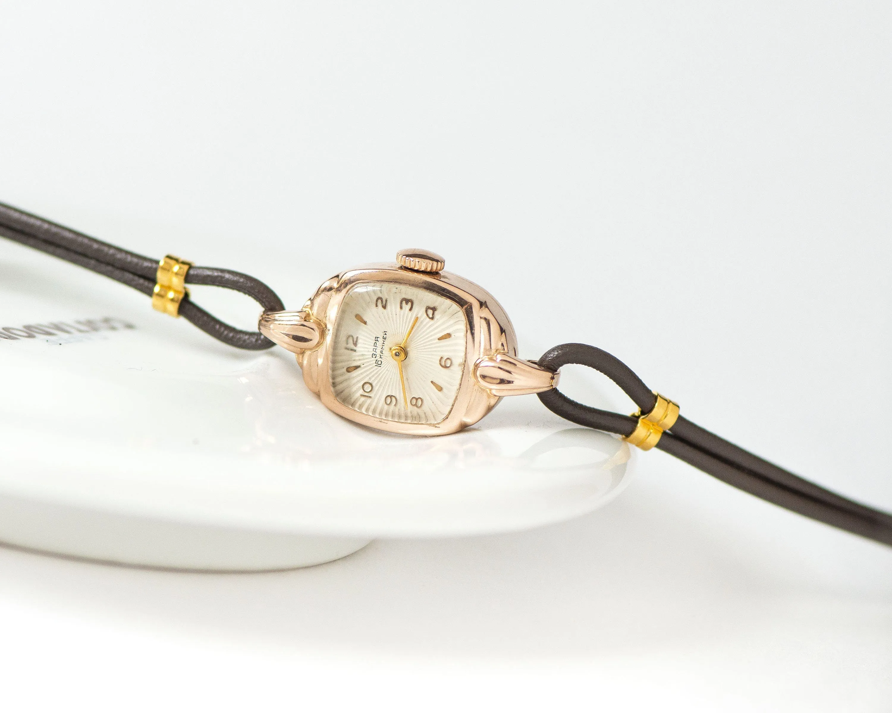 Art deco style women watch solid gold 14K, lady watch Dawn sunburst cocktail jewelry, deliacte square watch gift timepiece new leather strap
