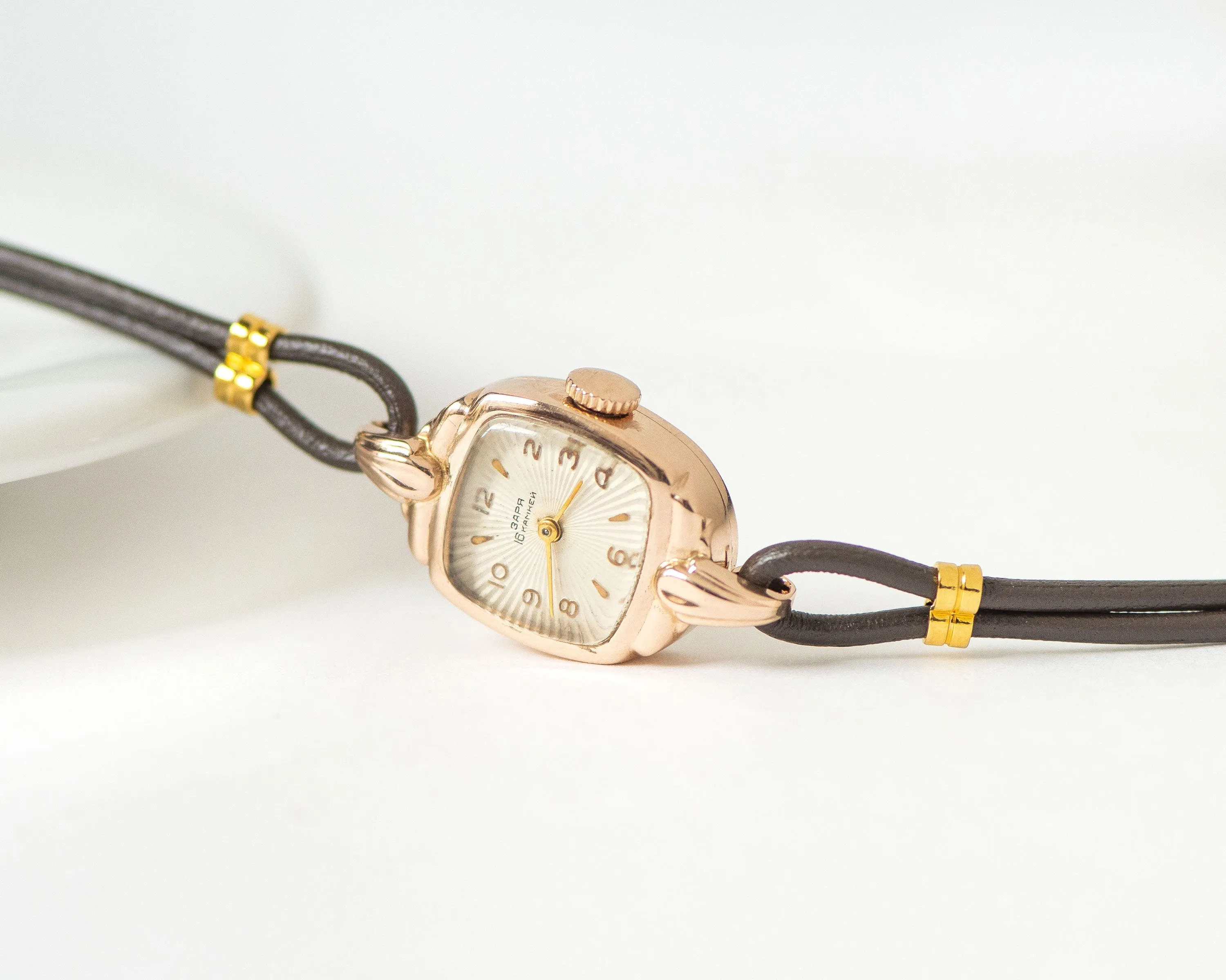 Art deco style women watch solid gold 14K, lady watch Dawn sunburst cocktail jewelry, deliacte square watch gift timepiece new leather strap