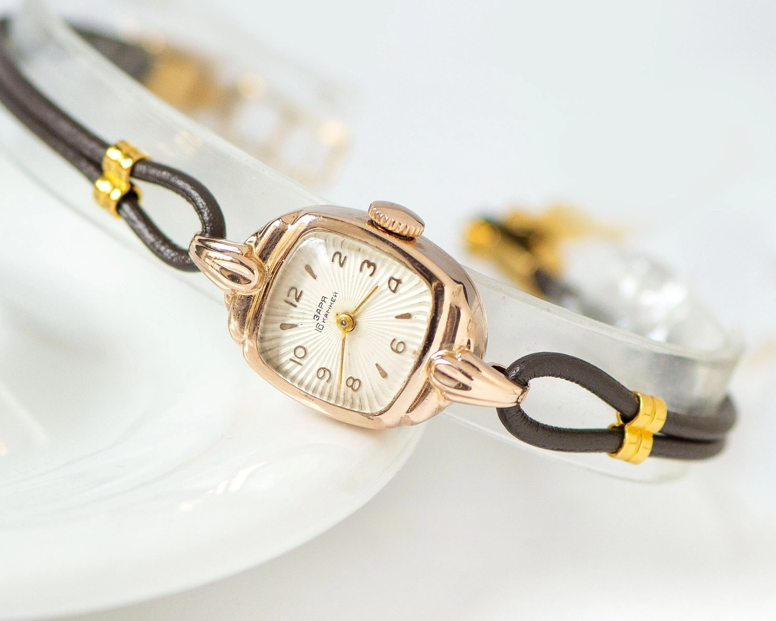 Art deco style women watch solid gold 14K, lady watch Dawn sunburst cocktail jewelry, deliacte square watch gift timepiece new leather strap