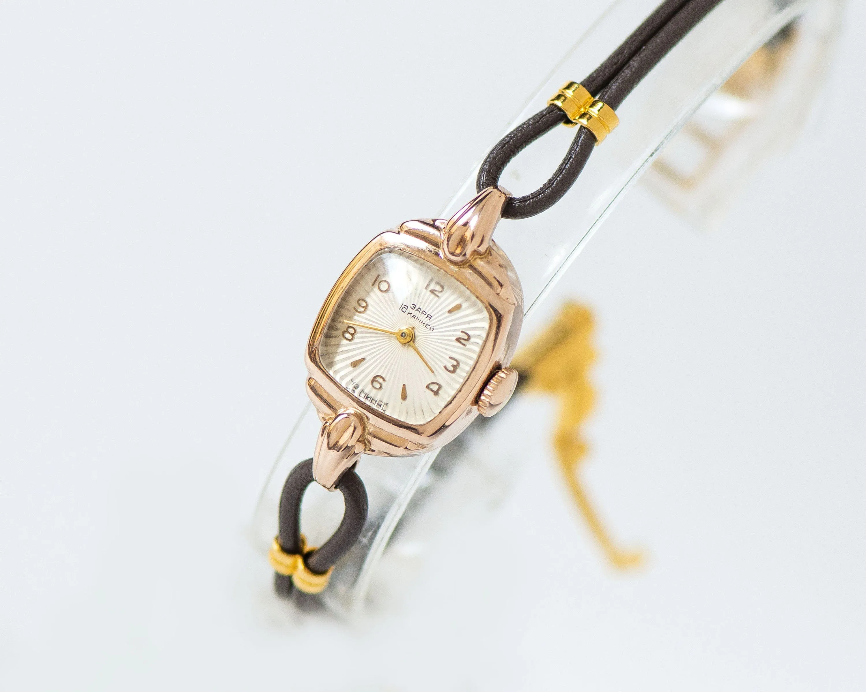Art deco style women watch solid gold 14K, lady watch Dawn sunburst cocktail jewelry, deliacte square watch gift timepiece new leather strap