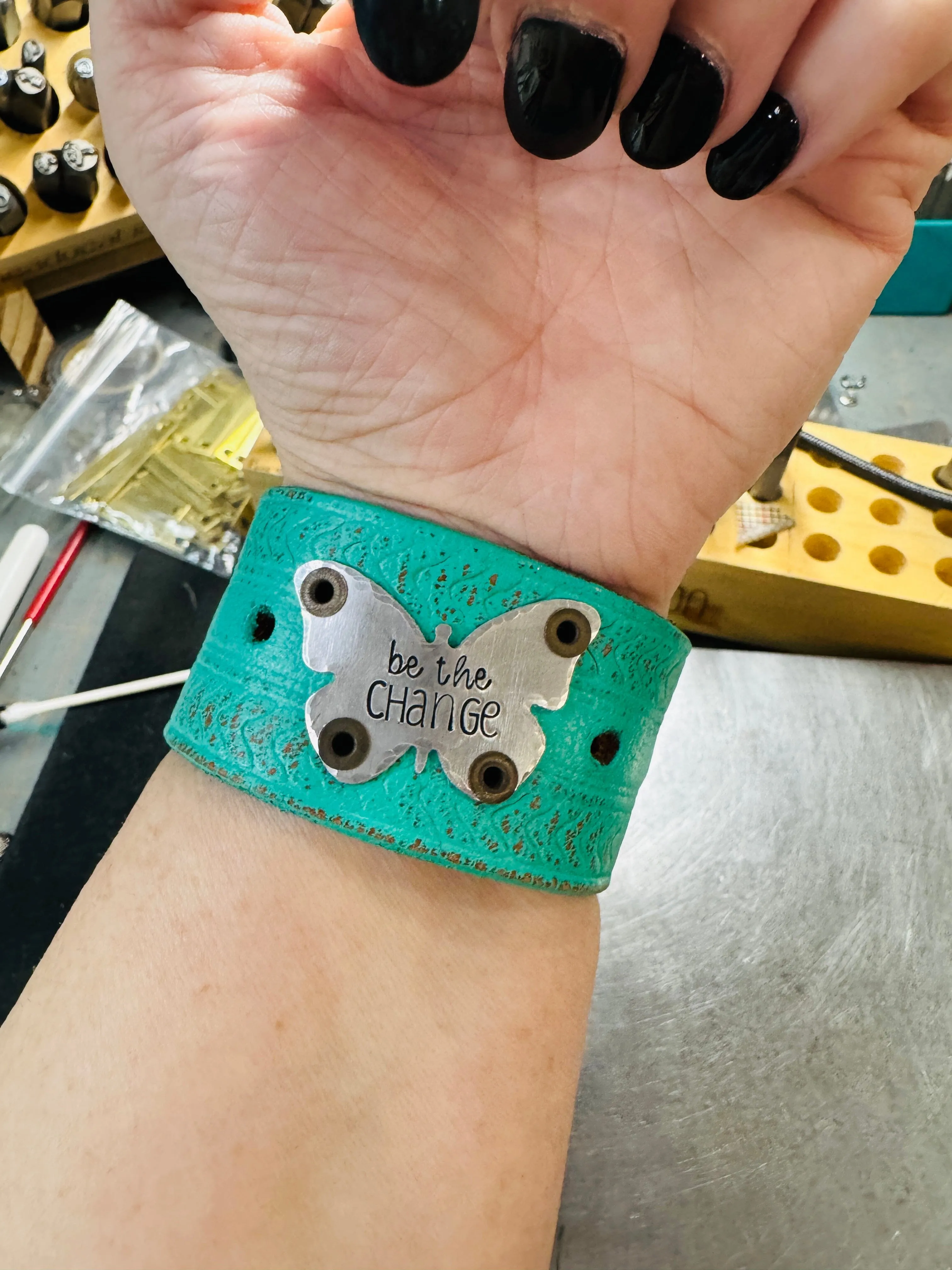 BE THE CHANGE | TEAL Tooled Wide Leather OOAK | One of A Kind | Upcycled Cuff | Adjustable | Women