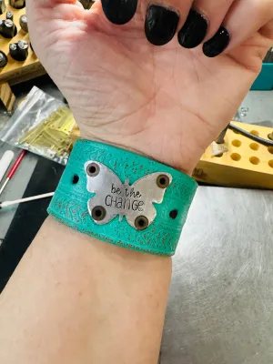 BE THE CHANGE | TEAL Tooled Wide Leather OOAK | One of A Kind | Upcycled Cuff | Adjustable | Women