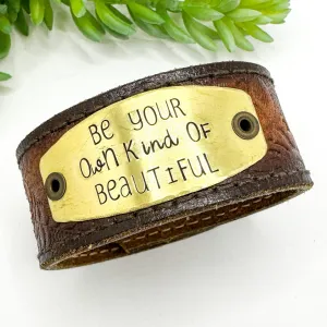 BEAUTIFUL | GOLD Tooled Light Brown Wide Leather OOAK | One of A Kind | Upcycled Cuff | Adjustable | Women