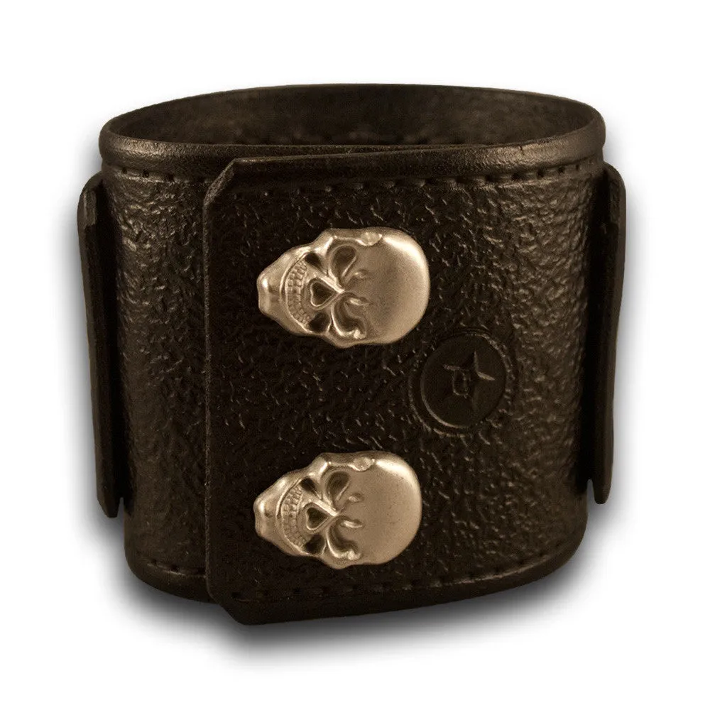 Black Layered Leather Cuff Watch with 42mm & Skull Snaps