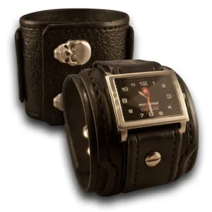 Black Layered Leather Cuff Watch with 42mm & Skull Snaps