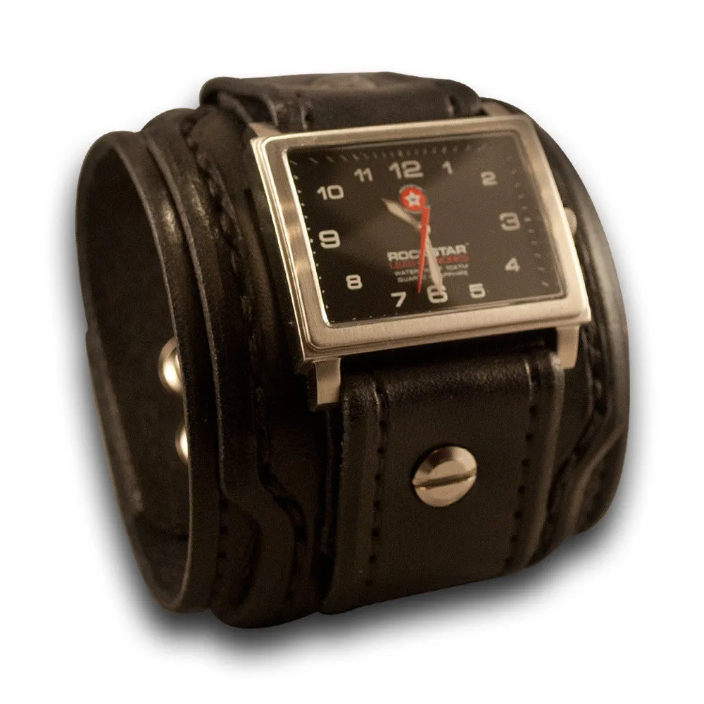 Black Layered Leather Cuff Watch with 42mm & Skull Snaps
