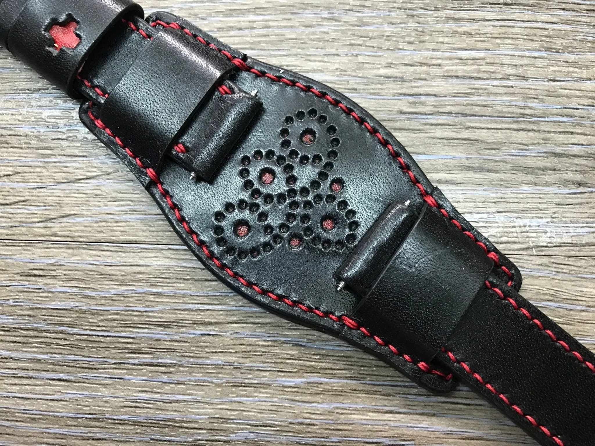 Black Leather bund Watch strap, Handmade, Leather Cuff watch band, Red brogue pattern watch strap, 20mm, Bespoke, leather watch band, Valentines Day Gift Ideas