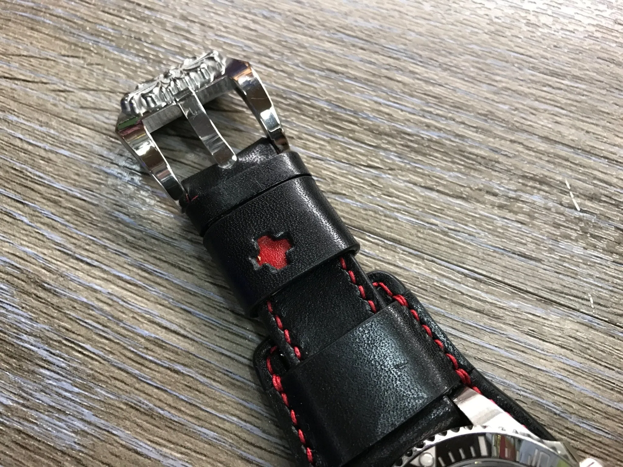 Black Leather bund Watch strap, Handmade, Leather Cuff watch band, Red brogue pattern watch strap, 20mm, Bespoke, leather watch band, Valentines Day Gift Ideas