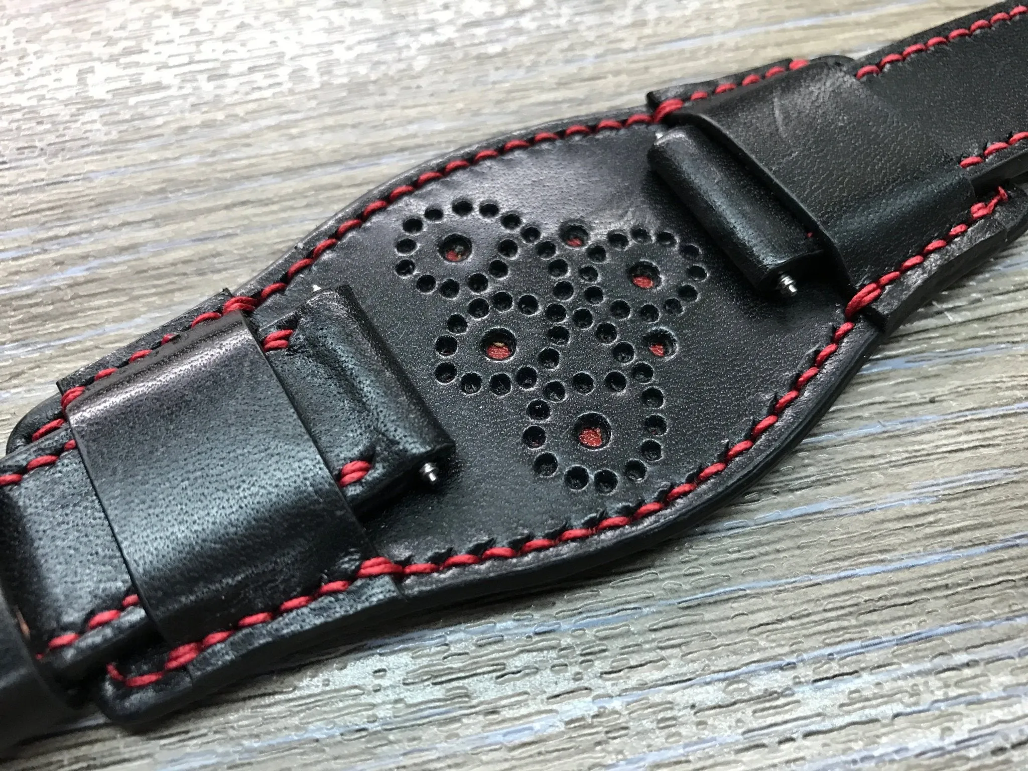Black Leather bund Watch strap, Handmade, Leather Cuff watch band, Red brogue pattern watch strap, 20mm, Bespoke, leather watch band, Valentines Day Gift Ideas