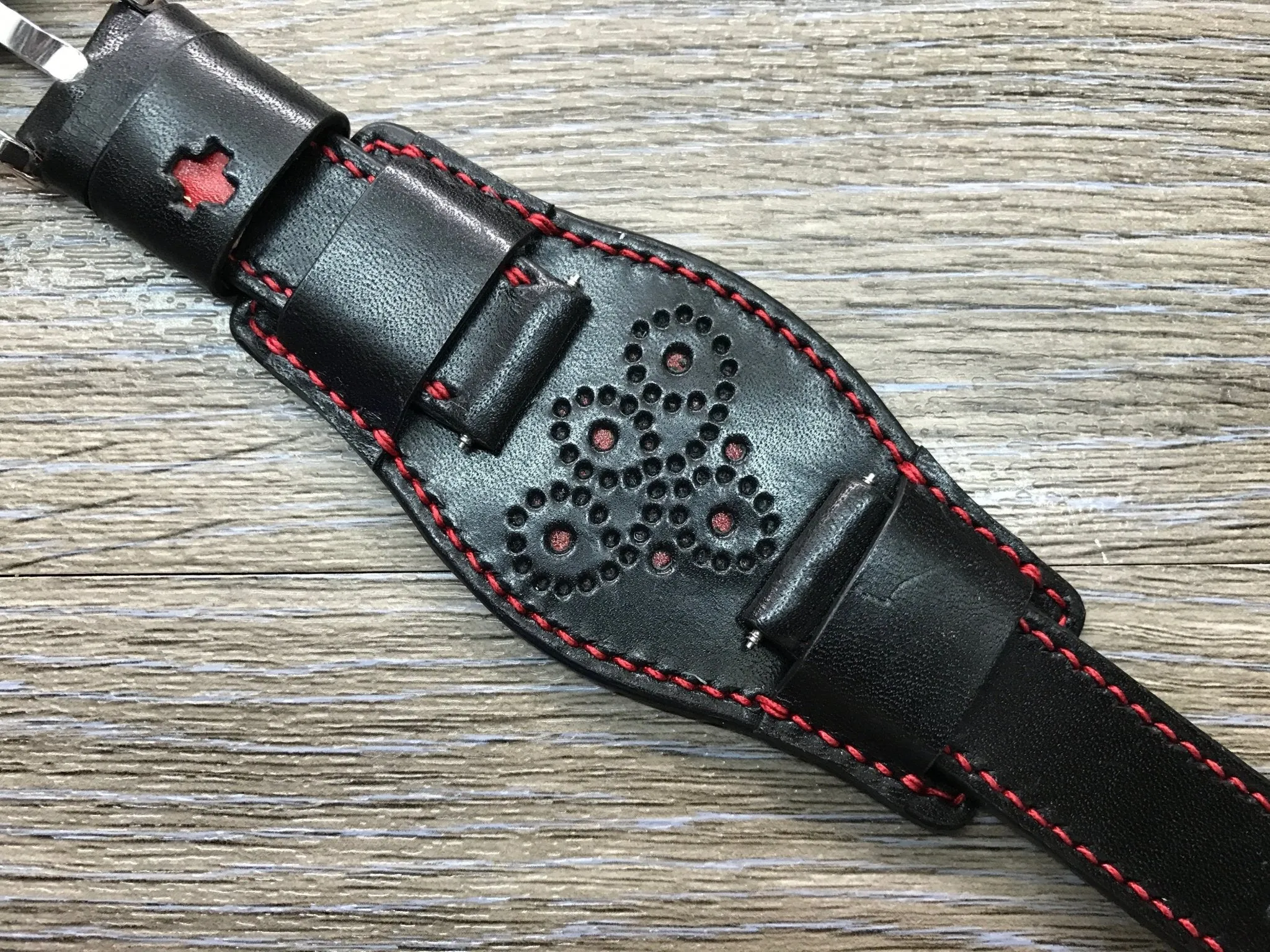 Black Leather bund Watch strap, Handmade, Leather Cuff watch band, Red brogue pattern watch strap, 20mm, Bespoke, leather watch band, Valentines Day Gift Ideas