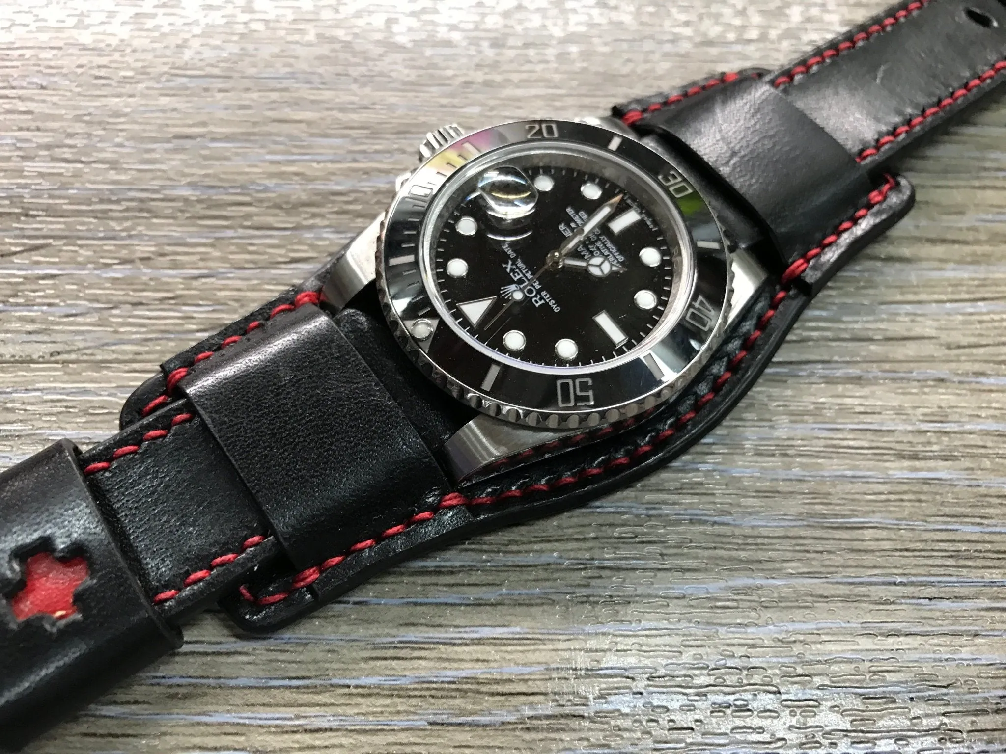 Black Leather bund Watch strap, Handmade, Leather Cuff watch band, Red brogue pattern watch strap, 20mm, Bespoke, leather watch band, Valentines Day Gift Ideas