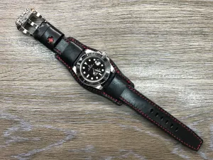 Black Leather bund Watch strap, Handmade, Leather Cuff watch band, Red brogue pattern watch strap, 20mm, Bespoke, leather watch band, Valentines Day Gift Ideas