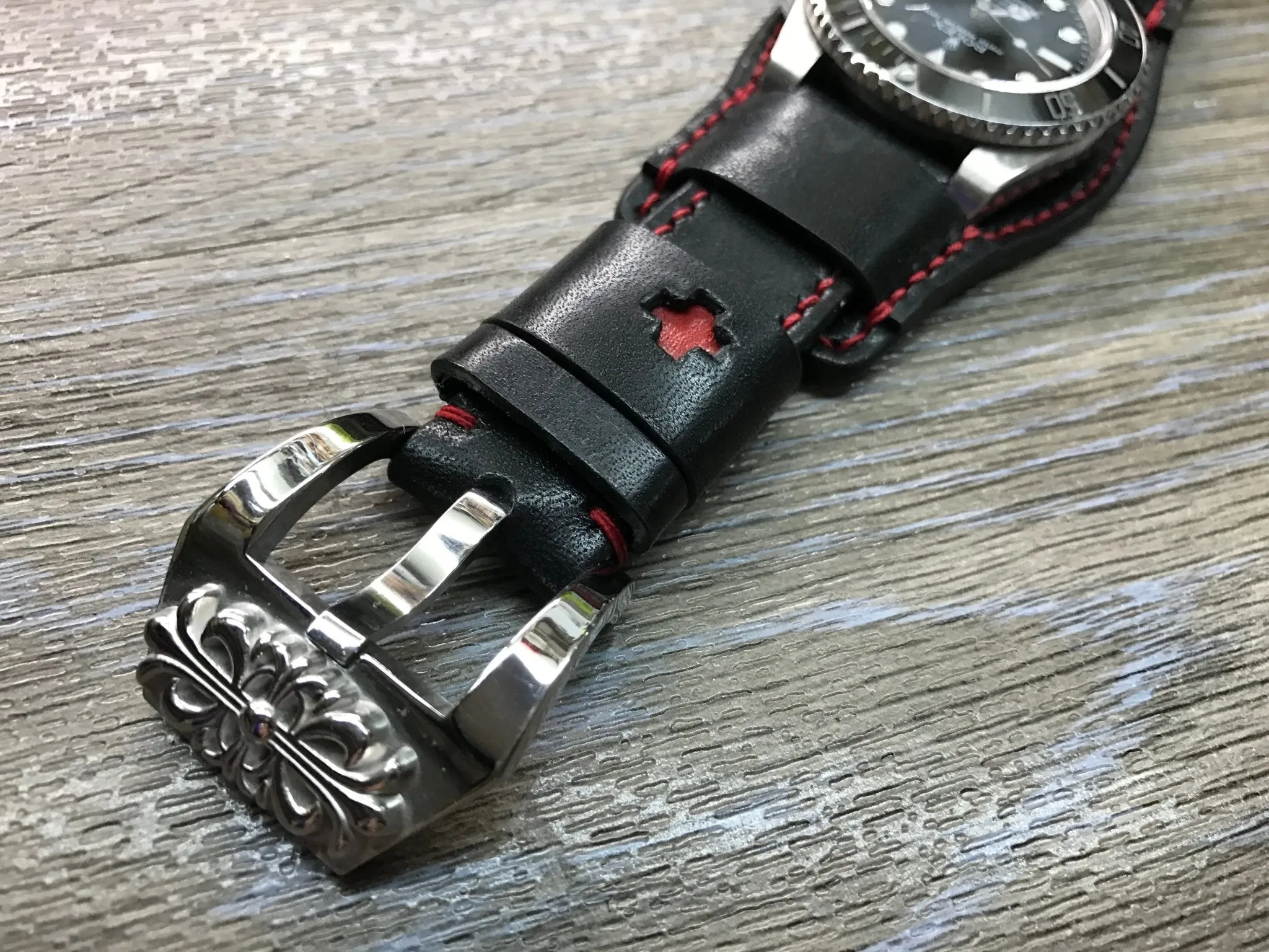 Black Leather bund Watch strap, Handmade, Leather Cuff watch band, Red brogue pattern watch strap, 20mm, Bespoke, leather watch band, Valentines Day Gift Ideas