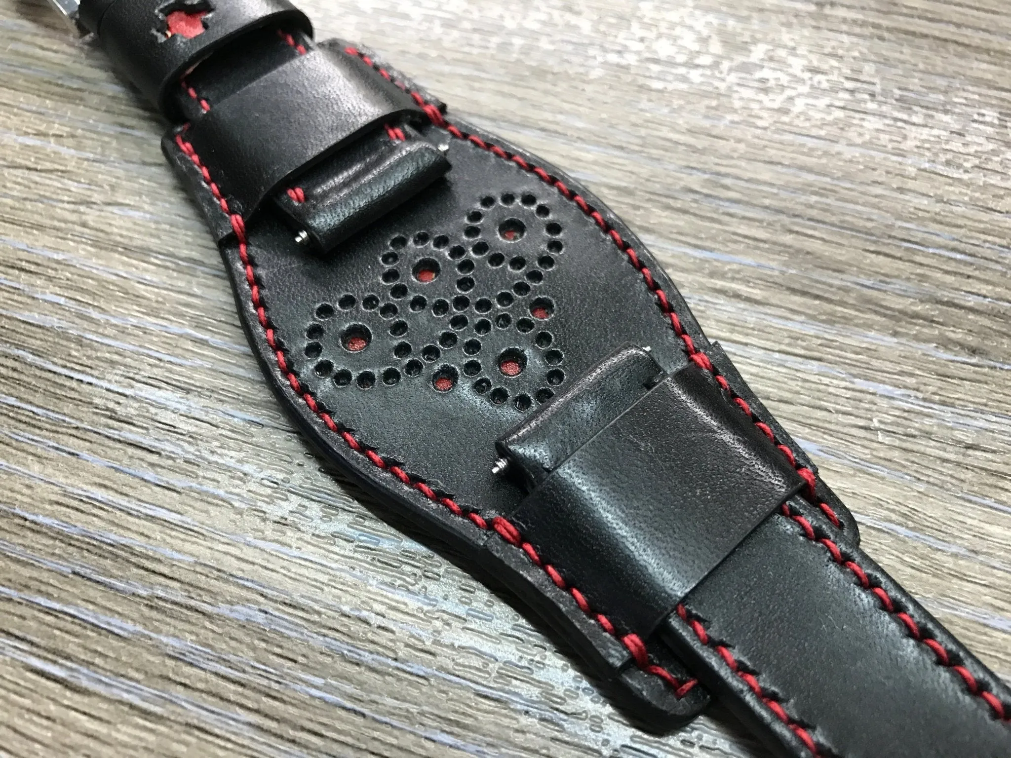 Black Leather bund Watch strap, Handmade, Leather Cuff watch band, Red brogue pattern watch strap, 20mm, Bespoke, leather watch band, Valentines Day Gift Ideas