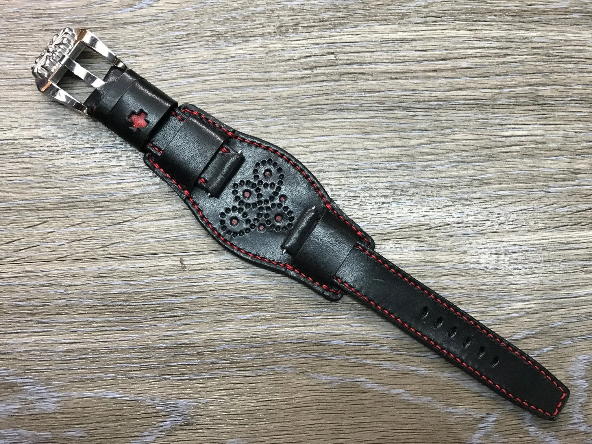 Black Leather bund Watch strap, Handmade, Leather Cuff watch band, Red brogue pattern watch strap, 20mm, Bespoke, leather watch band, Valentines Day Gift Ideas
