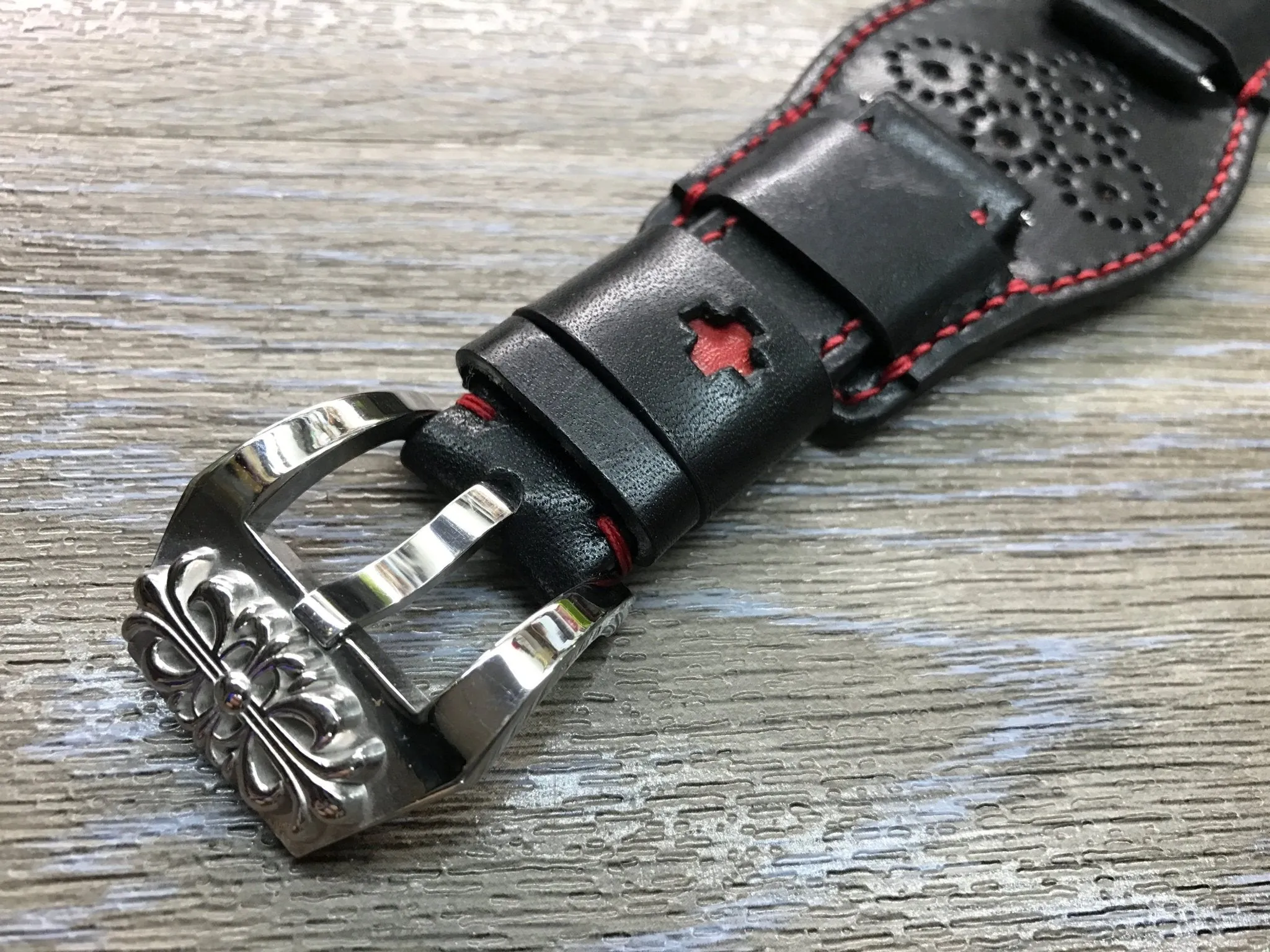 Black Leather bund Watch strap, Handmade, Leather Cuff watch band, Red brogue pattern watch strap, 20mm, Bespoke, leather watch band, Valentines Day Gift Ideas