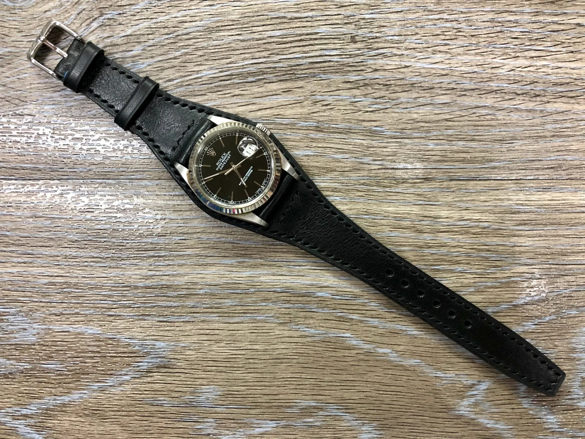 Black Leather Watch Straps, Full Bund Straps 20mm lug width, Leather Cuff watch straps, Mens Wrist watch band in 19mm, Personalise Christmas Gifts