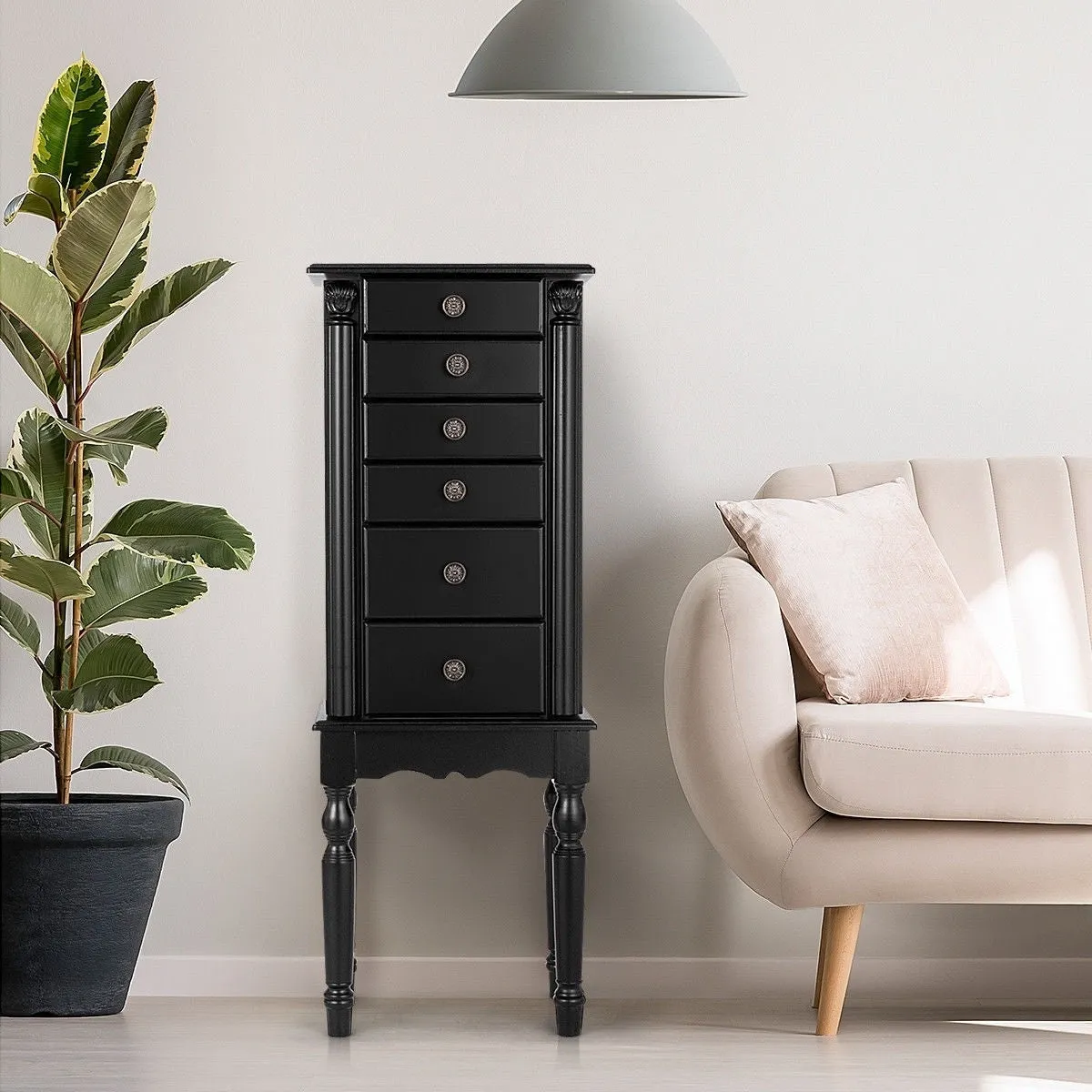 Black Wood Jewelry Armoire 6-Drawer Storage Chest with Mirror