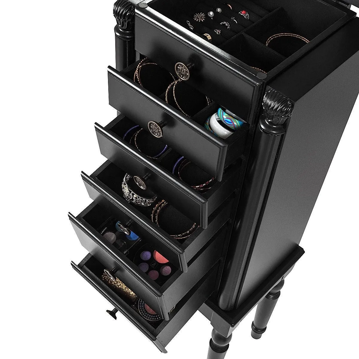 Black Wood Jewelry Armoire 6-Drawer Storage Chest with Mirror