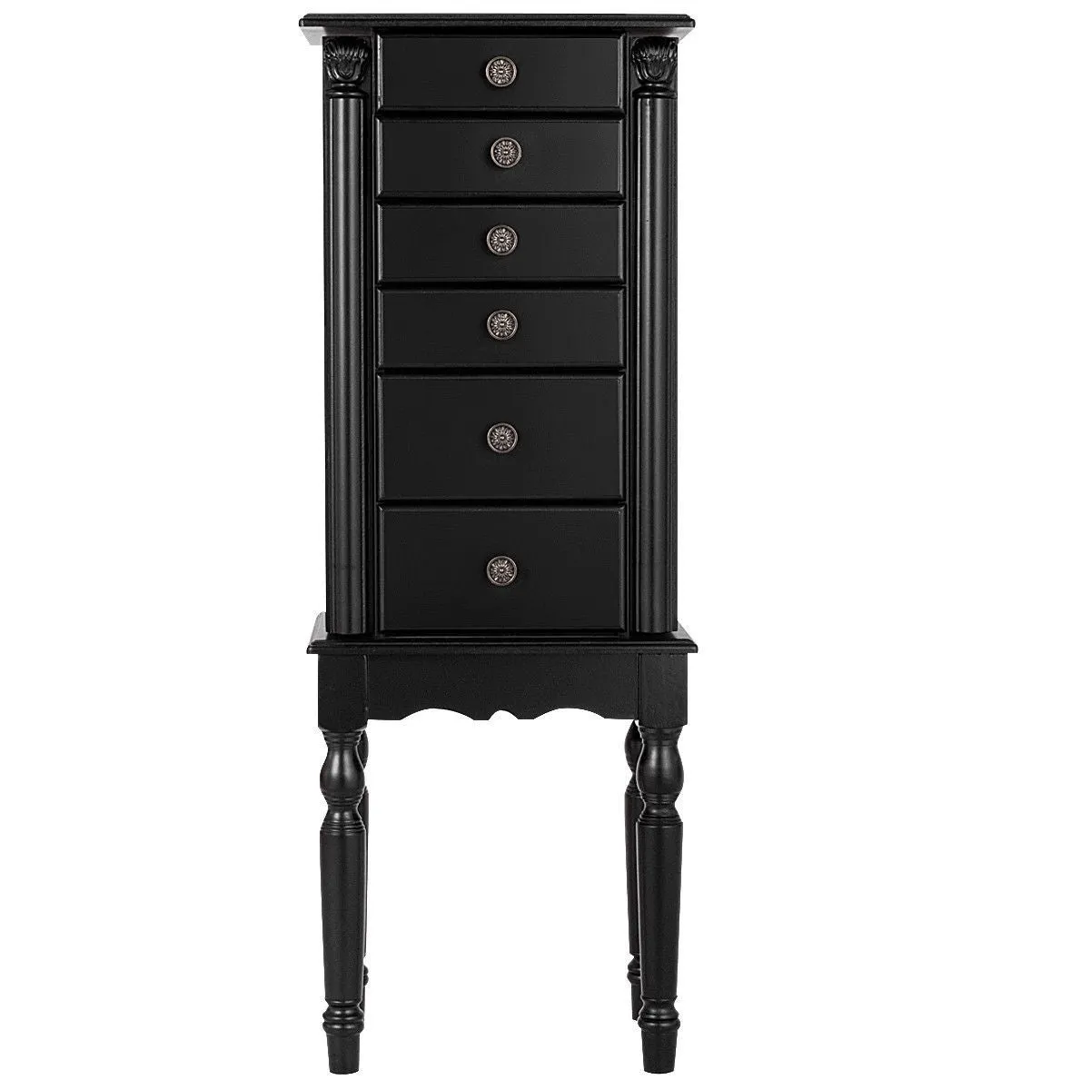 Black Wood Jewelry Armoire 6-Drawer Storage Chest with Mirror