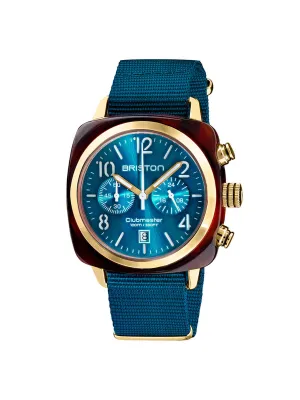 Briston Clubmaster Classic Acetate Chronograph Peacock Blue Sunray Dial Yellow Gold 42mm