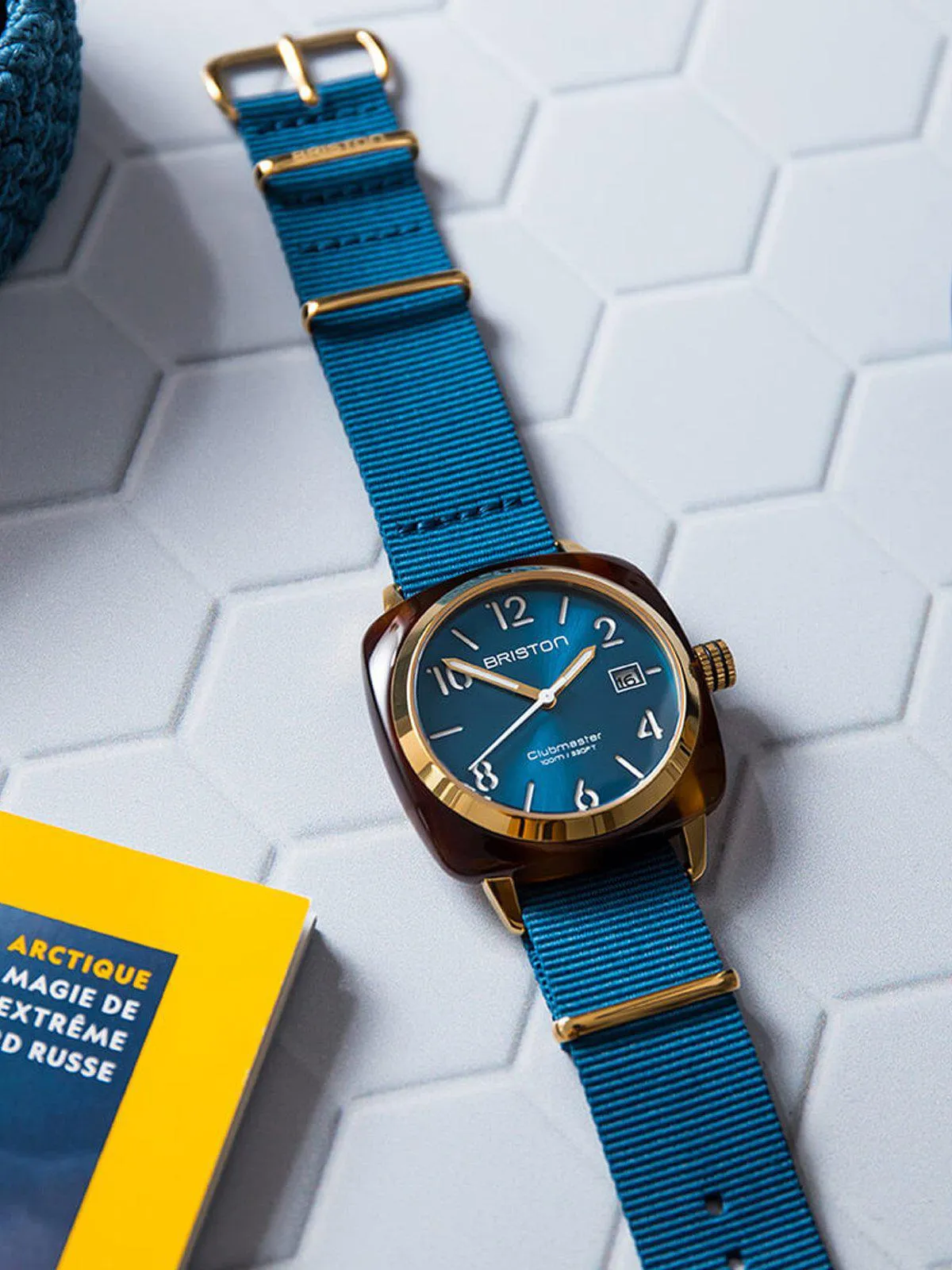 Briston Clubmaster Classic Acetate HMS Gold Peacock Blue Sunray Dial 40mm
