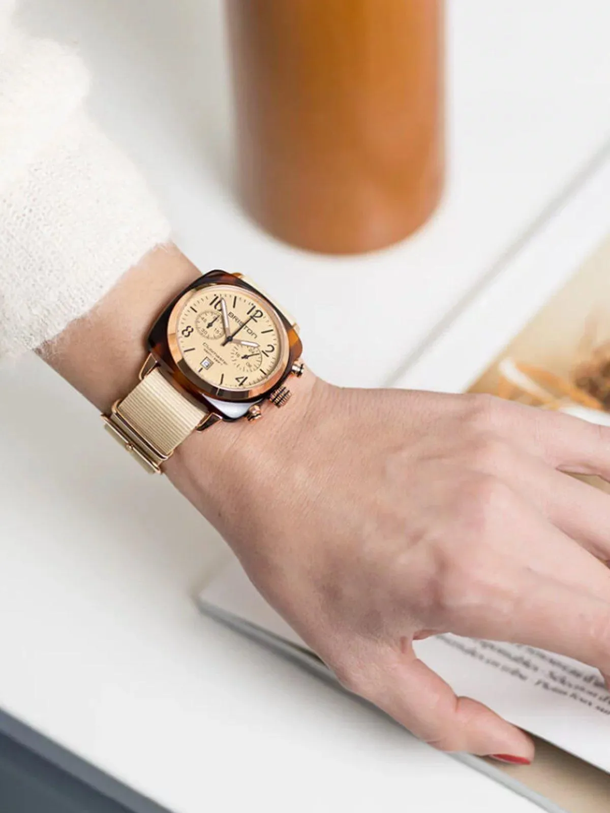 Briston Clubmaster Classic Terracota Acetate Chronograph Yellow Gold Vanilla Matt Powder 40mm