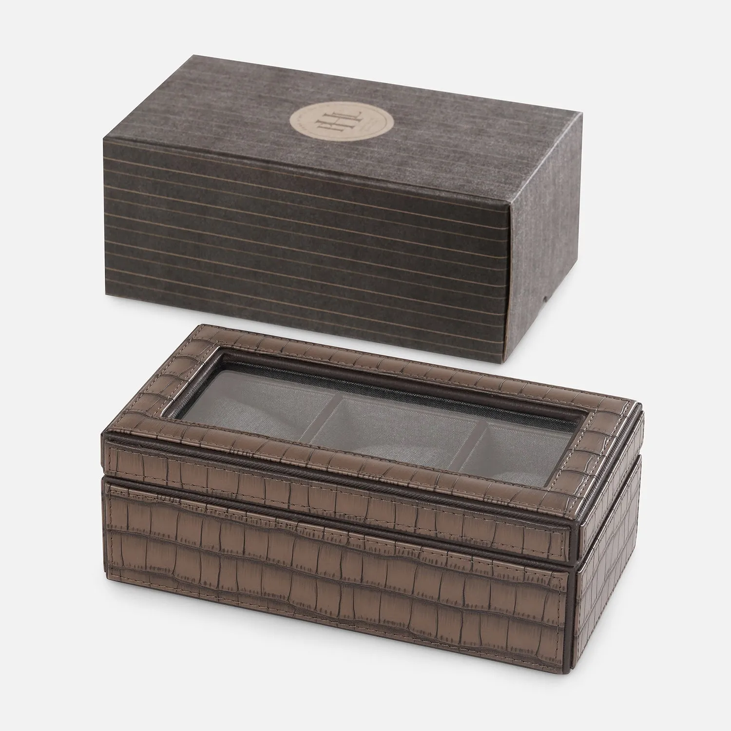 Brown 3 Compartment Croco Texture Faux Leather Watch Box