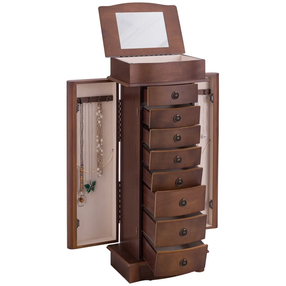 Brown Wood 8-Drawer Jewelry Armoire Chest Storage Cabinet with Mirror