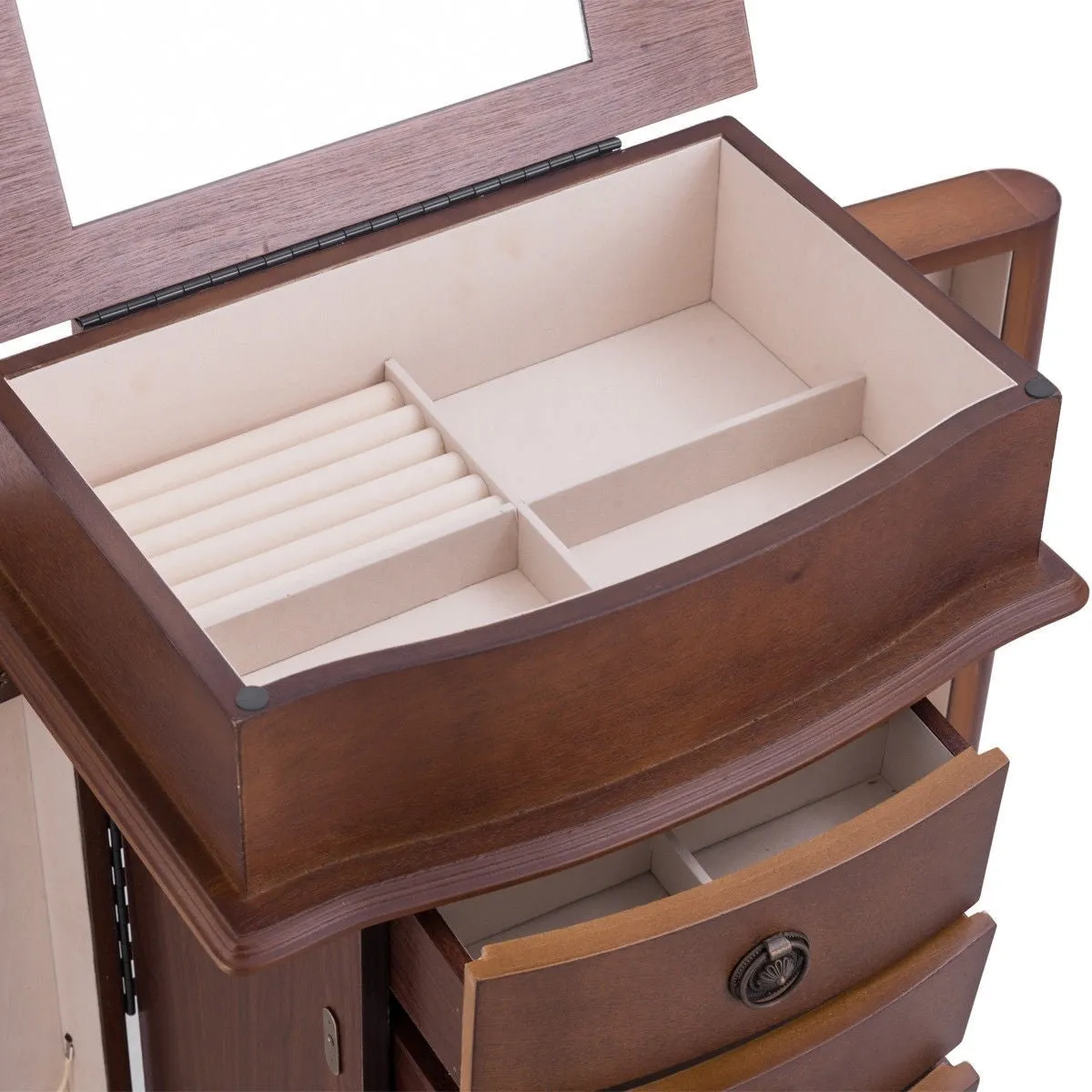 Brown Wood 8-Drawer Jewelry Armoire Chest Storage Cabinet with Mirror