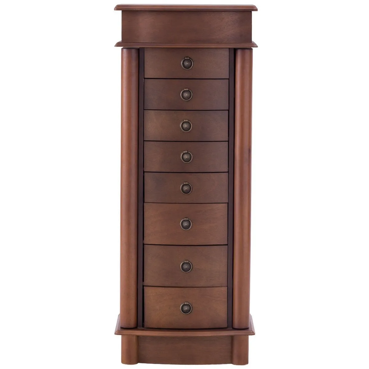 Brown Wood 8-Drawer Jewelry Armoire Chest Storage Cabinet with Mirror