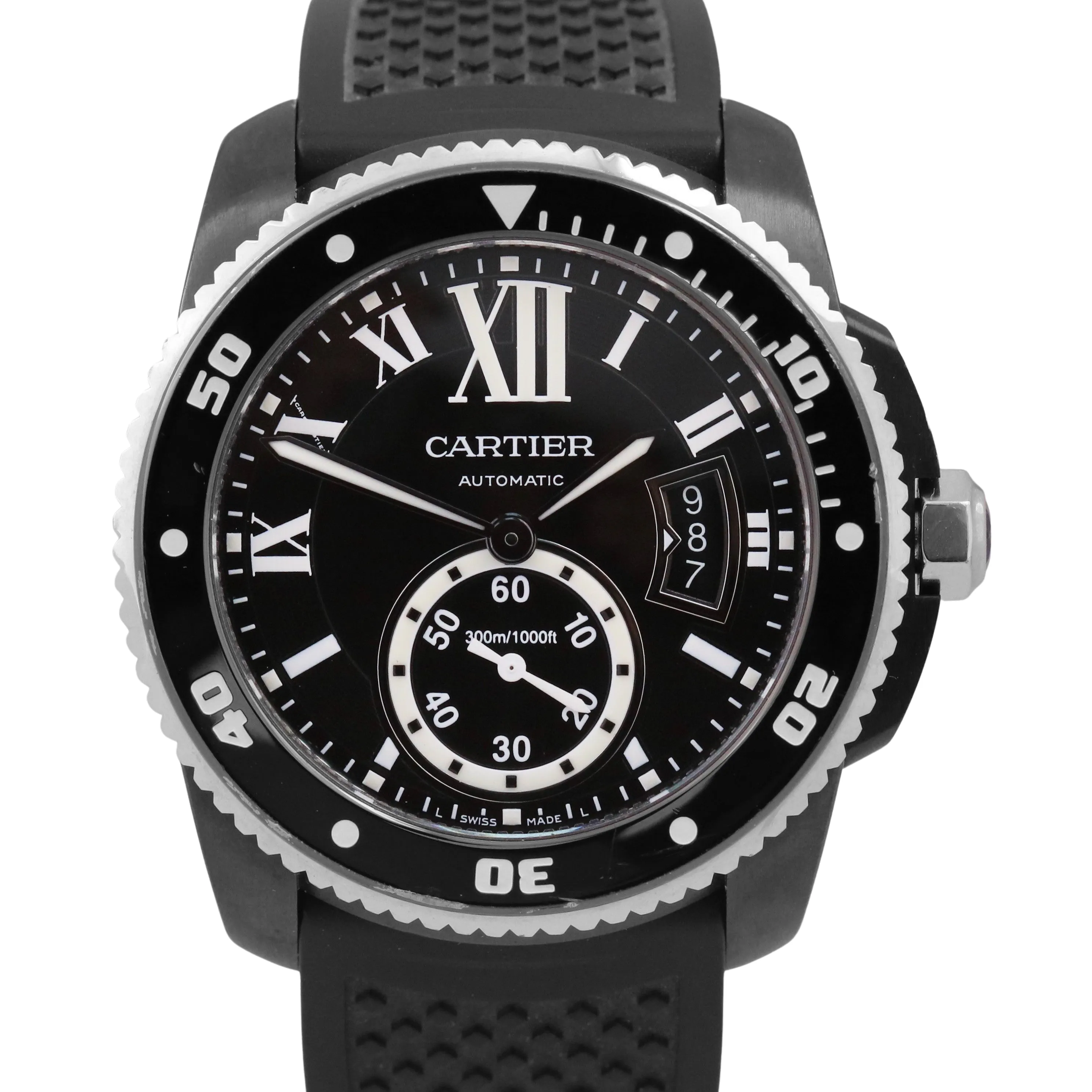 Cartier Calibre Diver BLACK Stainless Steel Rubber Date 42mm Watch 3729 W7100056