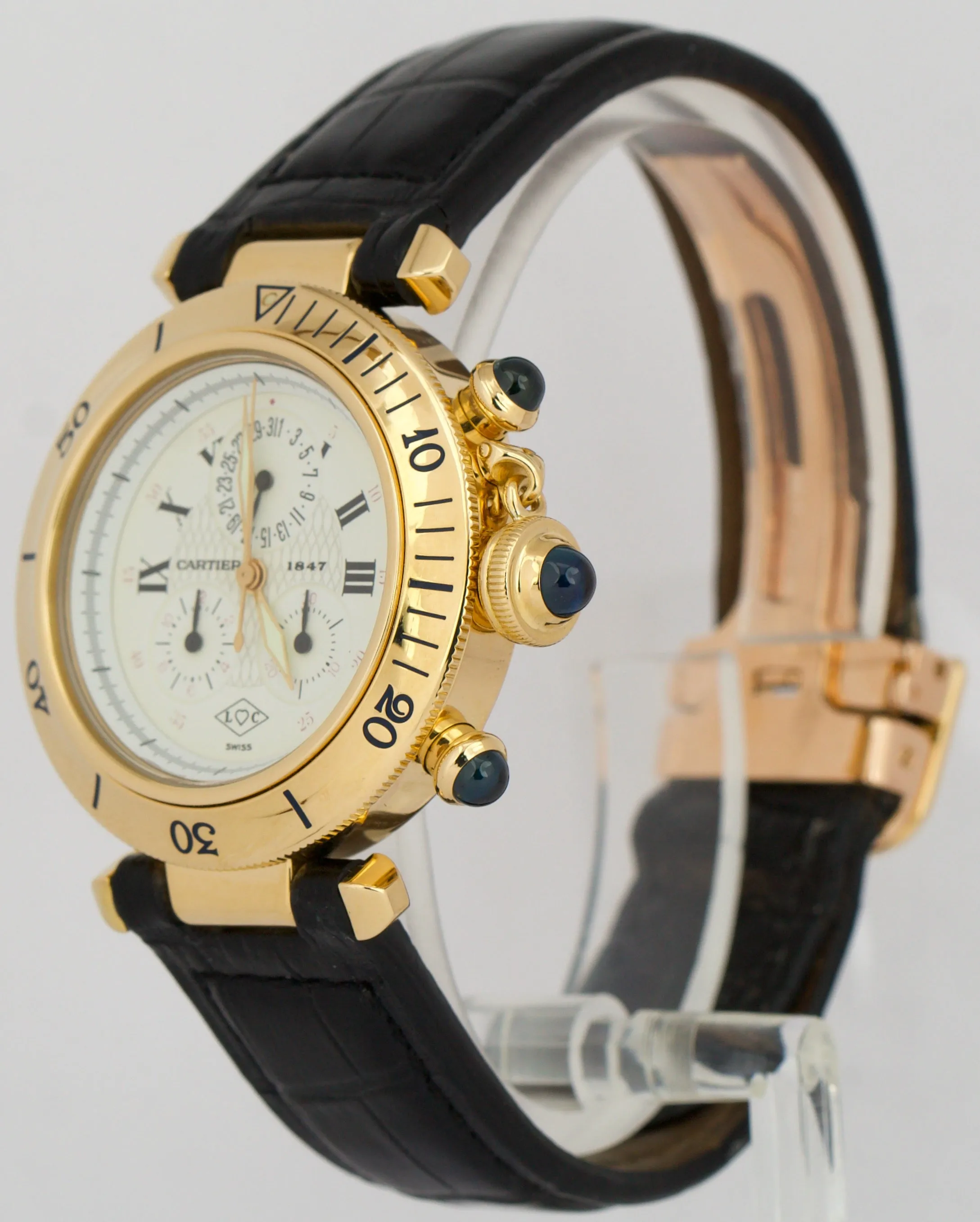 Cartier Pasha Chronograph 35mm WHITE 18K Yellow Gold Leather Quartz Watch 1353.1