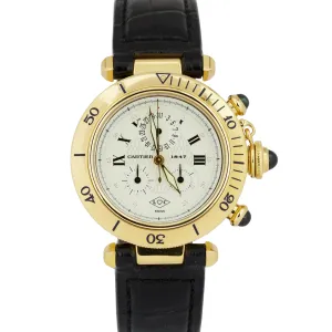 Cartier Pasha Chronograph 35mm WHITE 18K Yellow Gold Leather Quartz Watch 1353.1