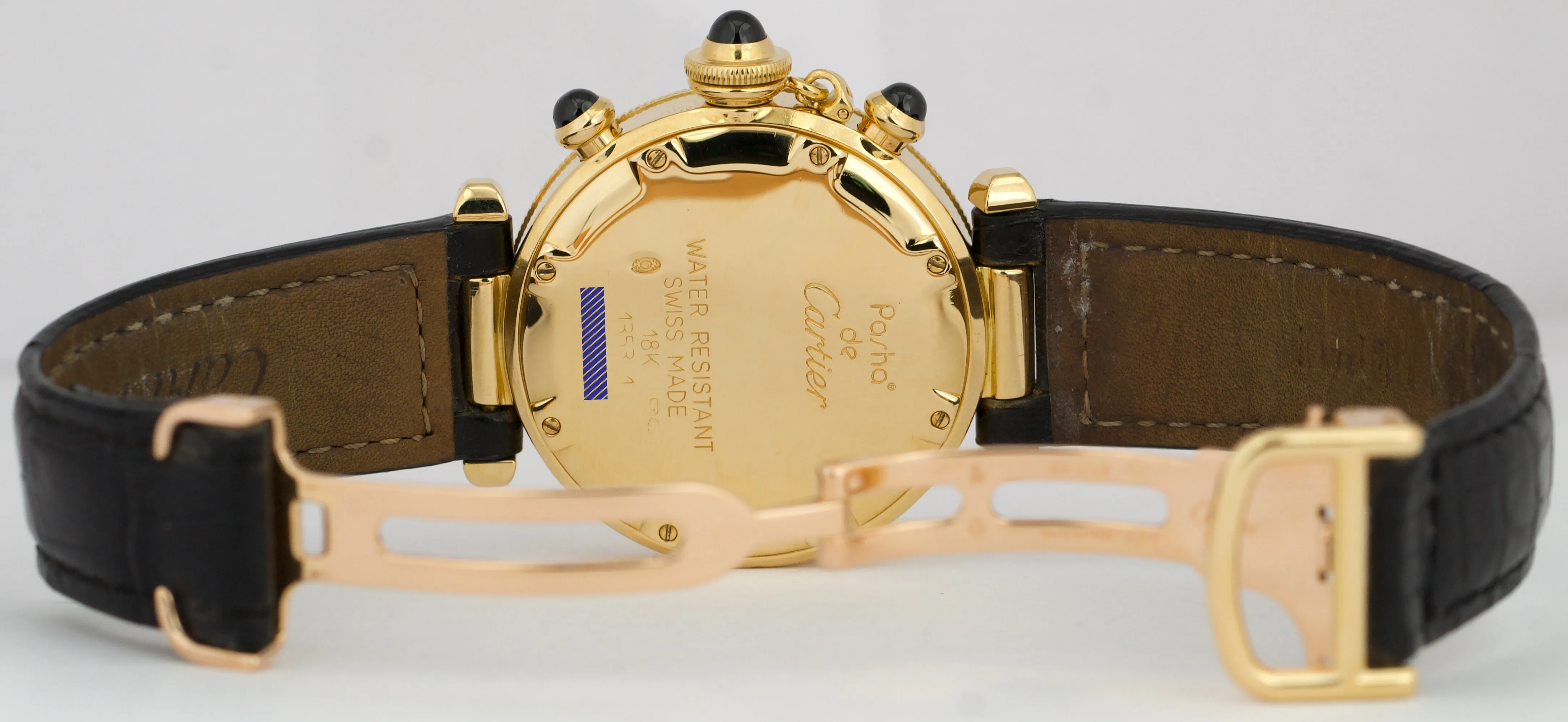 Cartier Pasha Chronograph 35mm WHITE 18K Yellow Gold Leather Quartz Watch 1353.1