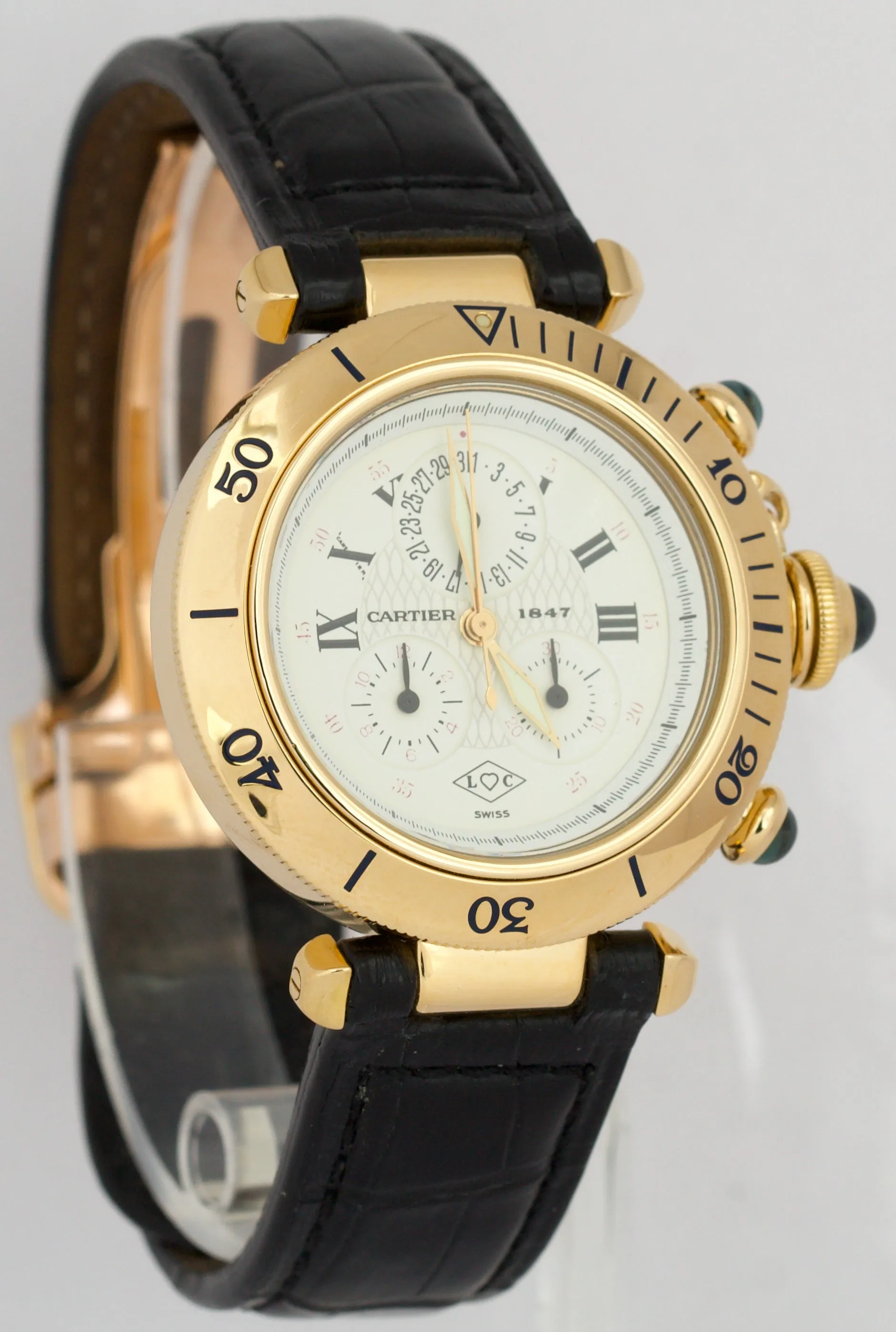 Cartier Pasha Chronograph 35mm WHITE 18K Yellow Gold Leather Quartz Watch 1353.1
