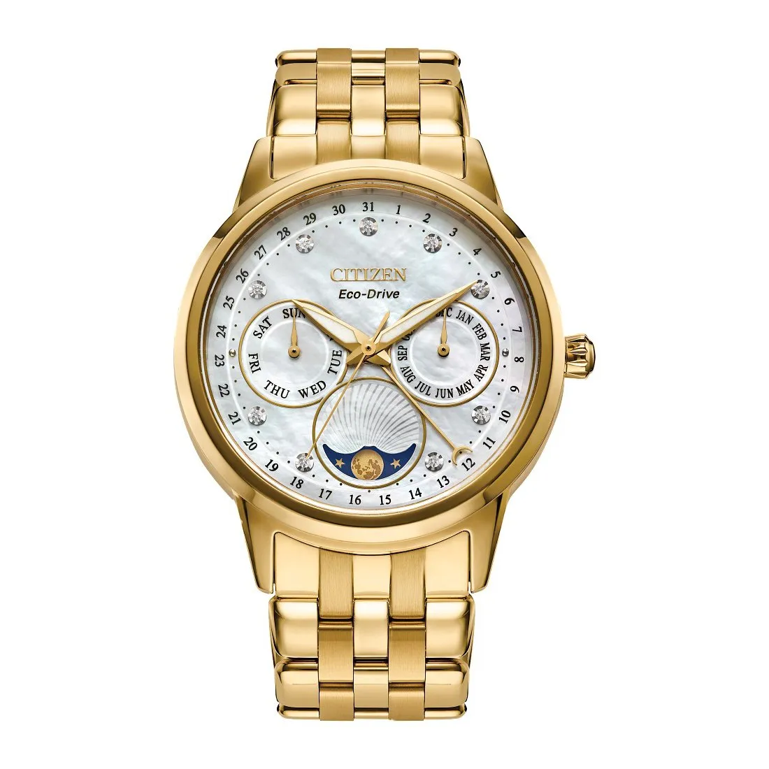 Citizen Calendrier Ladies Eco Drive Gold Tone Diamond and Mother of Pearl Dial Watch